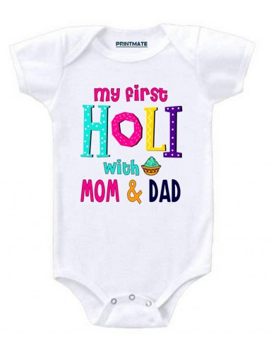 My First Holi With Mom And Dad Cotton Romper For Newborn Baby