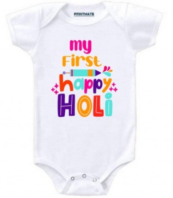 My First Holi Printed Cotton Romper For Baby Boys And Girls