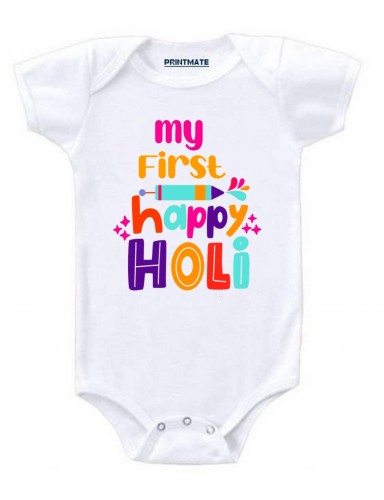 My First Holi Printed Cotton Romper For Baby Boys And Girls