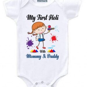 My First Holi With Mommy And Daddy Cotton Romper For Newborn Baby Girl