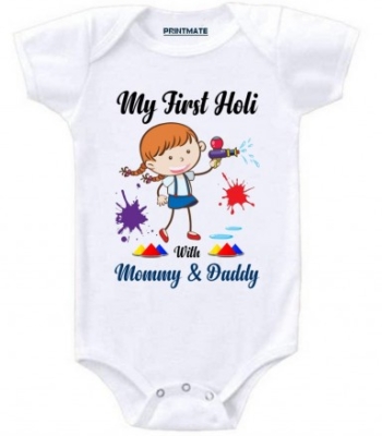 My First Holi With Mommy And Daddy Cotton Romper For Newborn Baby Girl