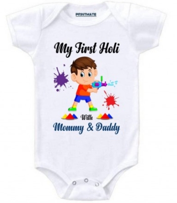 My First Holi With Mommy And Daddy Cotton Baby Romper | Onesies