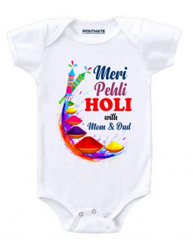 Meri Pehli Holi With Mom And Dad Cotton Baby Romper And Onesies