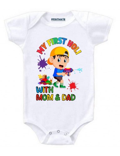 My First Holi With Mom And Dad Cotton Romper For Newborn Baby Boys And Girls