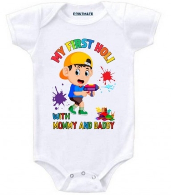 My First Holi With Mommy And Daddy Cotton Romper For Newborn Baby Boys And Girls