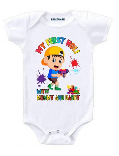 My First Holi With Mommy And Daddy Cotton Romper For Newborn Baby Boys And Girls