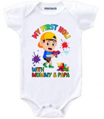 My First Holi With Mummy And Papa Cotton Romper For Newborn Baby Boys And Girls