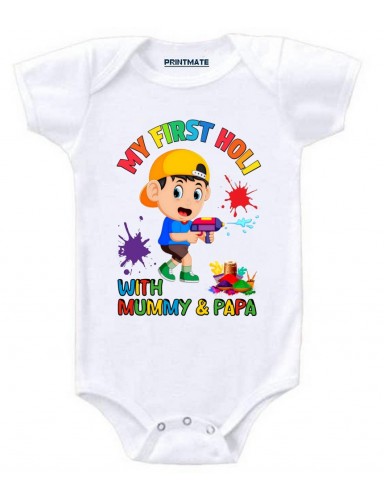 My First Holi With Mummy And Papa Cotton Romper For Newborn Baby Boys And Girls